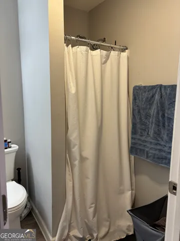 a bathroom with a shower curtain and a toilet