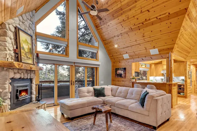 a living room with furniture a fireplace and a floor to ceiling window
