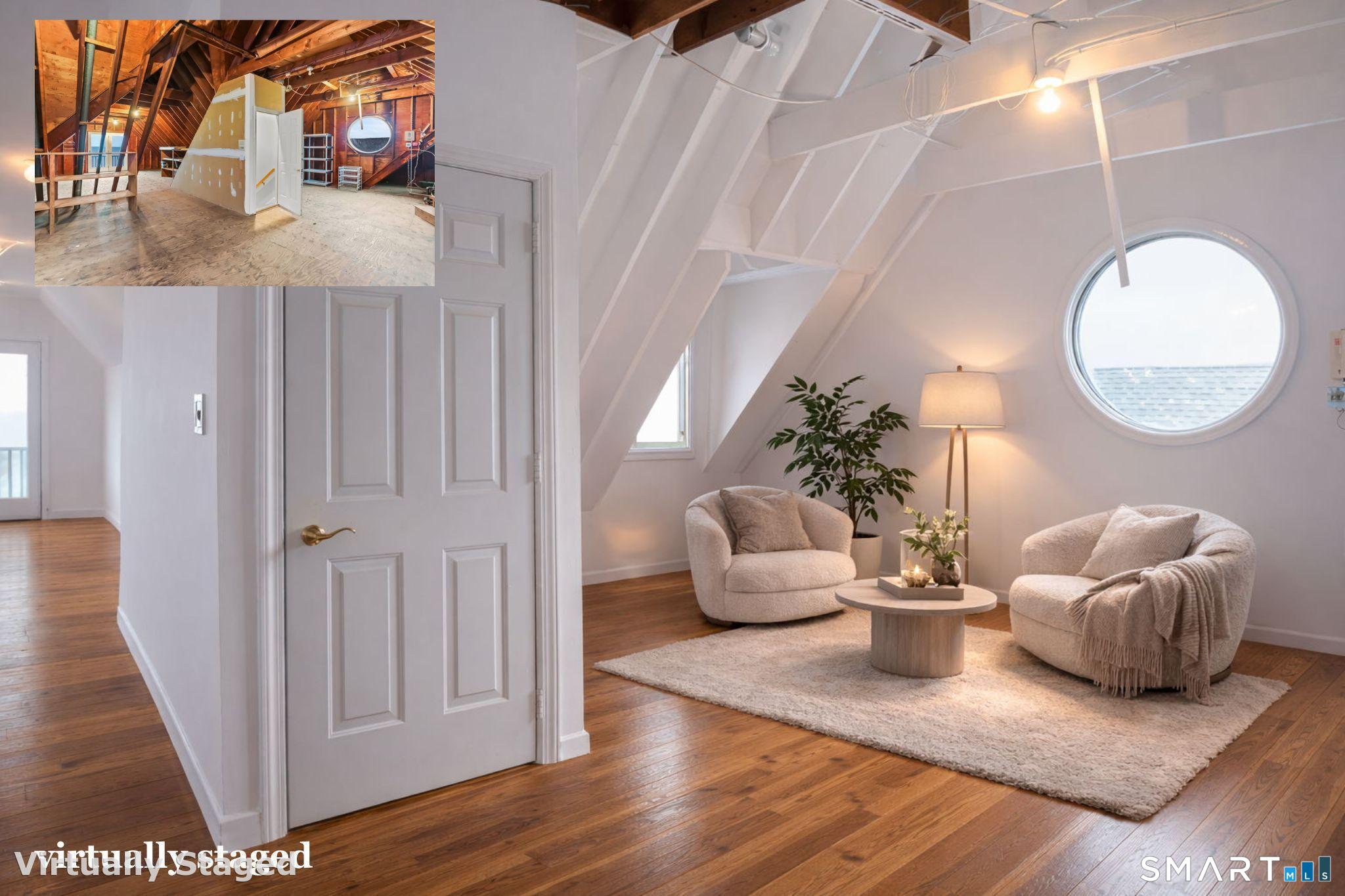 1149 Fairfield Beach Road Fairfield, CT 06824 - Photo 31 of 44 The imagined sitting room seen here virtually in a possible 3rd floor renovation with neat architectural circular window