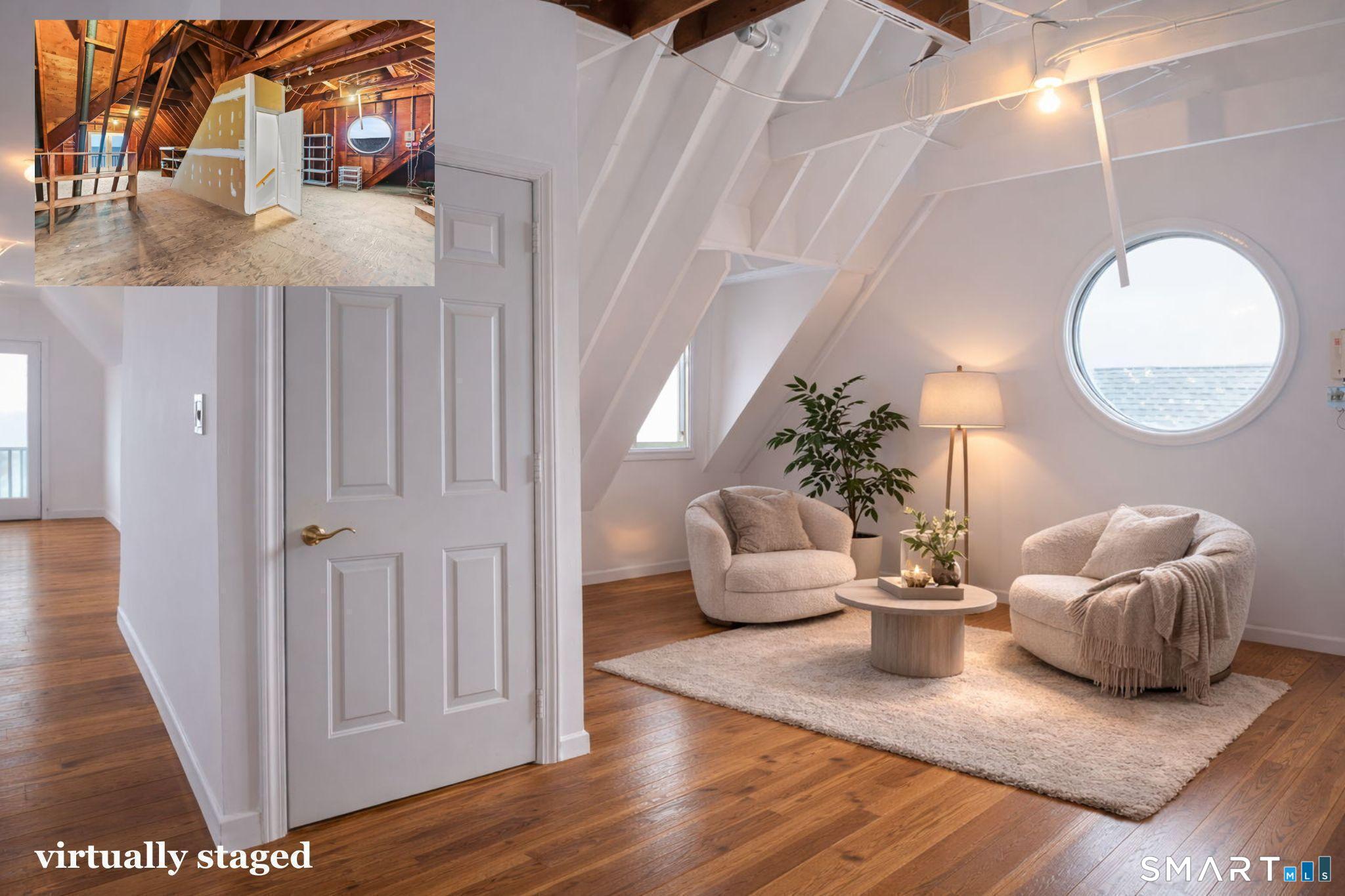 1149 Fairfield Beach Road Fairfield, CT 06824 - Photo 32 of 44 The imagined sitting room seen here virtually in a possible 3rd floor renovation with neat architectural circular window