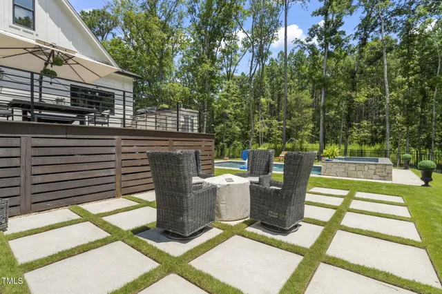 a view of a lush green outdoor space with a lake view and mountain view