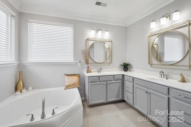 a bathroom with a tub sink and mirror