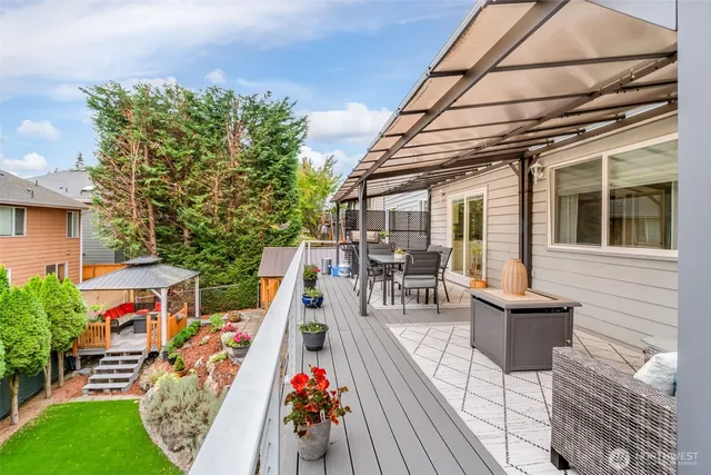 an outdoor space with seating