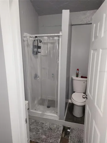 a bathroom with a toilet and a shower
