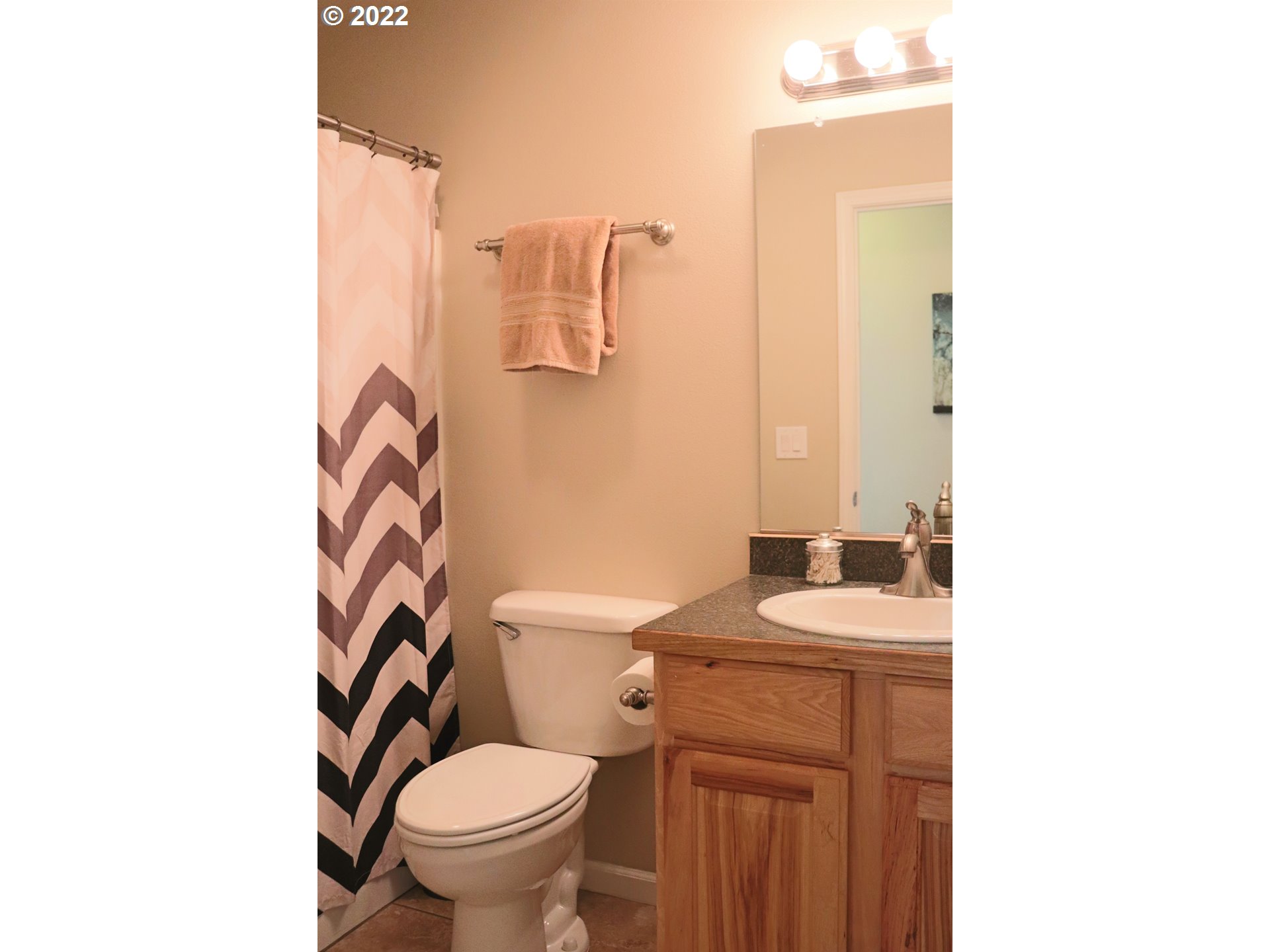 705 L Loop Baker City, OR 97814 - Photo 19 of 32 a bathroom with a granite countertop toilet a sink and a mirror