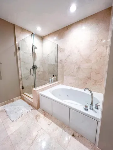 a bathroom with a bathtub and a shower