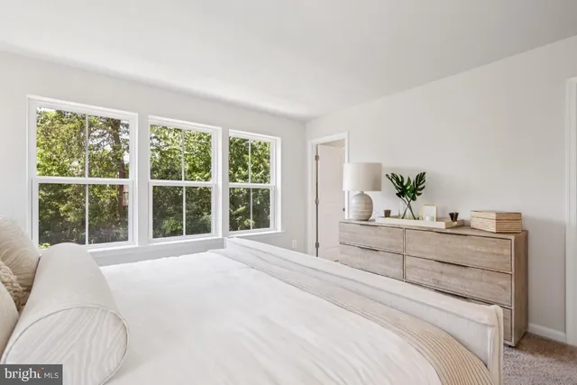 a bedroom with a large bed and a large window