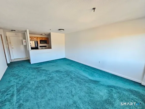 a view of room with window and a projector