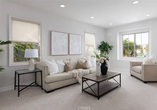 a living room with furniture and a potted plant