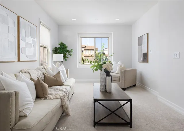a living room with furniture and a potted plant