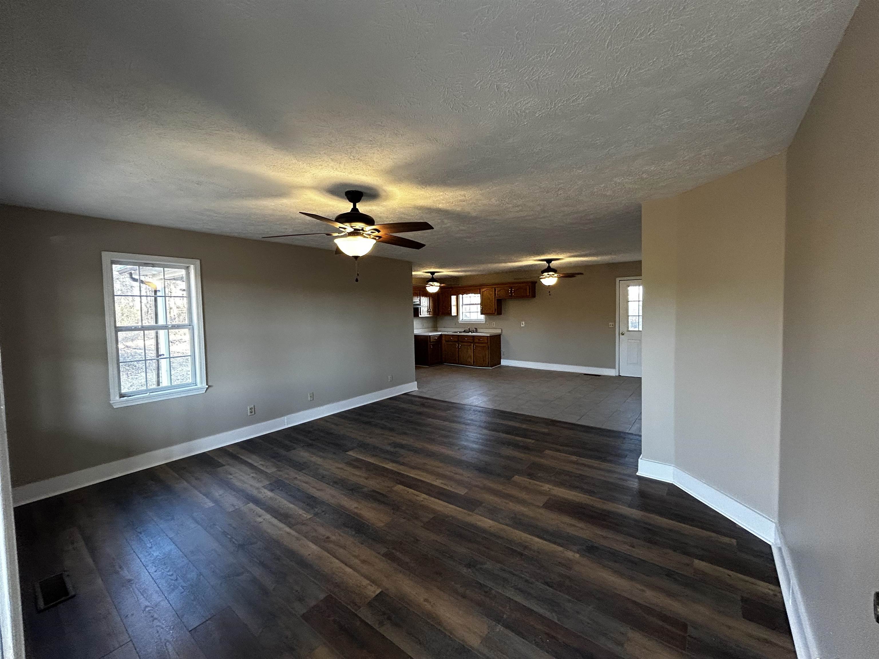 437 Wayne Elam Road Ramer, TN 38367 - Photo 6 of 16 Unfurnished living room featuring a ceiling fan, dark wood-style floors, baseboards, and a healthy amount of sunlight