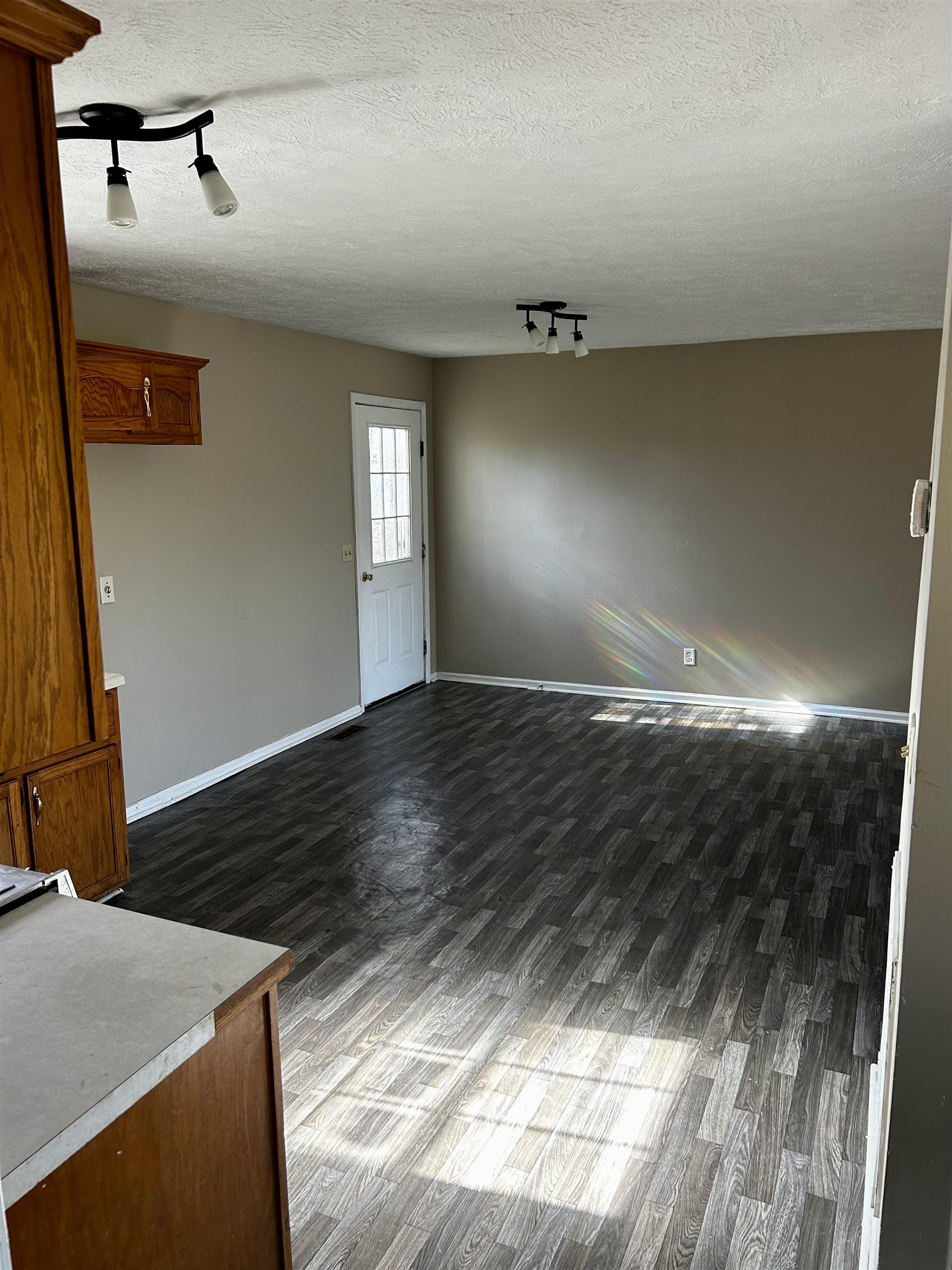 437 Wayne Elam Road Ramer, TN 38367 - Photo 8 of 16 Interior space with a textured ceiling, dark hardwood / wood-style flooring, and rail lighting