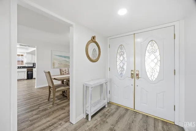 a view of dining room with wooden floor
