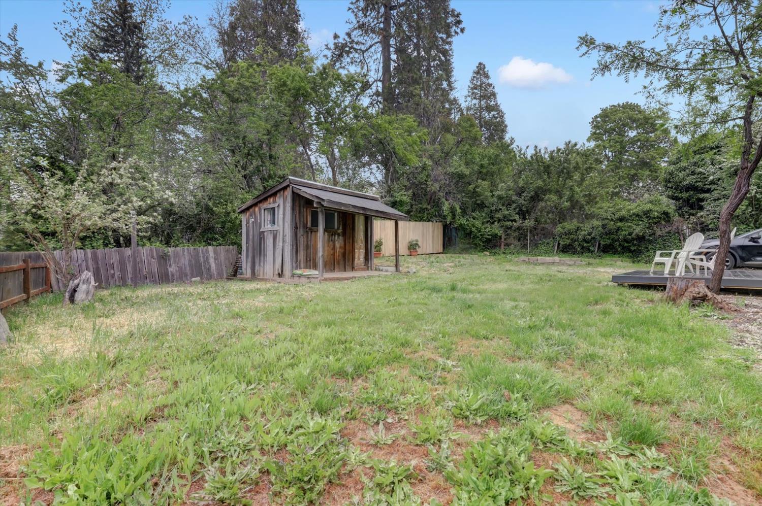 618 Walsh Street Grass Valley, CA 95945 - Photo 29 of 32 a view of backyard with table and chairs and a large tree