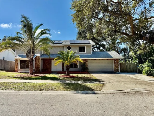a view of a house with backyard and tree