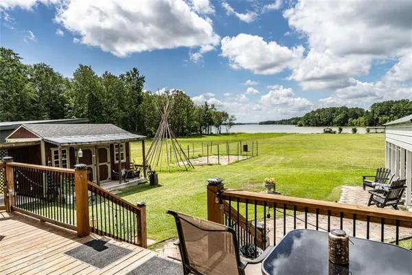 front view of a building with a bench