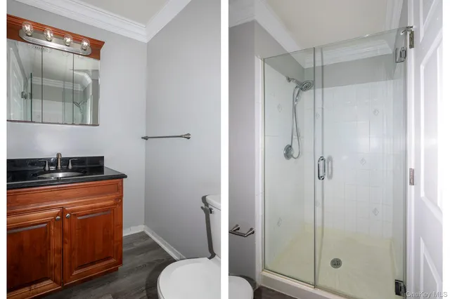 a bathroom with a granite countertop toilet sink and shower