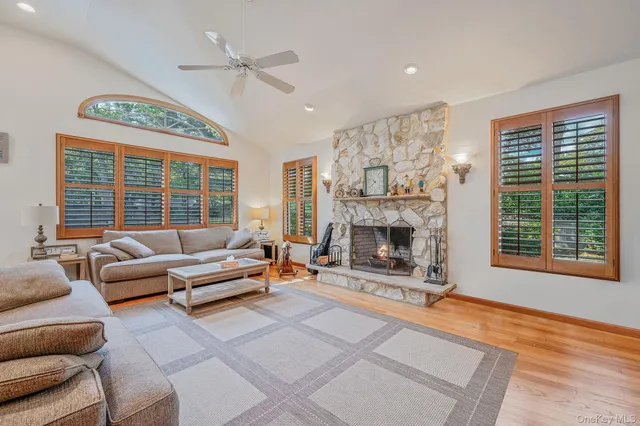 a living room with furniture a flat screen tv and a fireplace