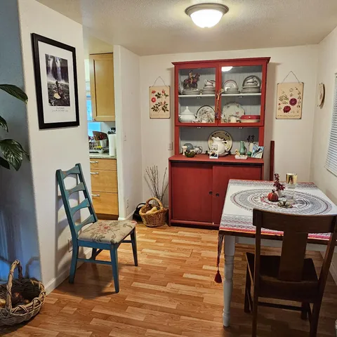 a view of a dining room with furniture window and wooden floor