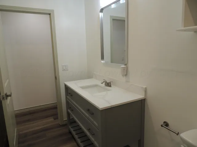 a bathroom with a sink vanity and a mirror