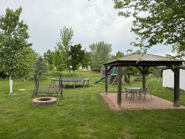a view of a park with large trees