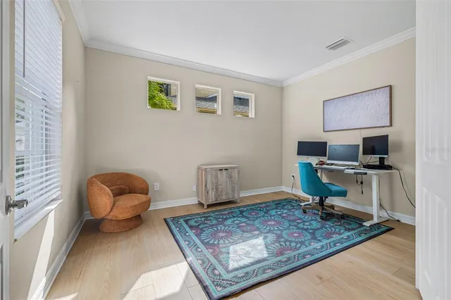 a workspace with furniture and a rug
