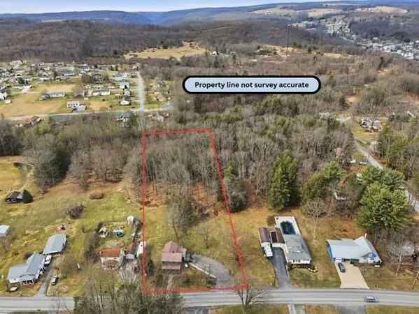 an aerial view of a house with a mountain
