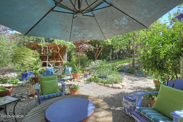 a view of a backyard with potted plants and a fountain