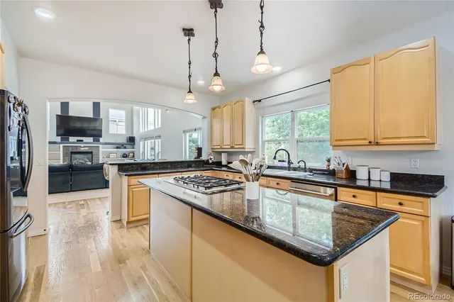 a kitchen with stainless steel appliances granite countertop a sink stove and refrigerator