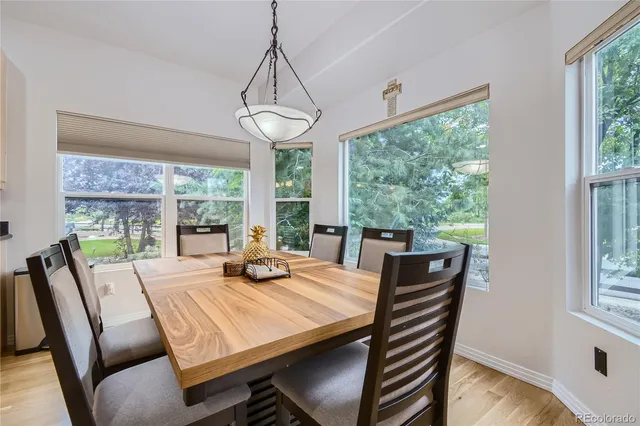 a view of a dining room with furniture window and outside view
