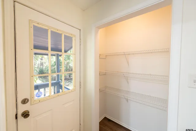 a view of a small space with a window