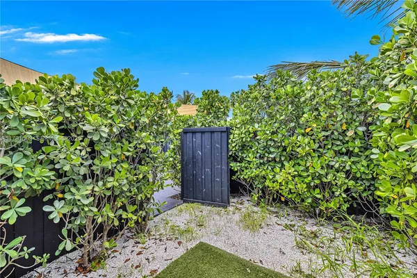 a view of a yard with an tree and wooden fence