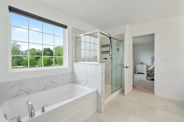 a bathroom with a tub and a shower