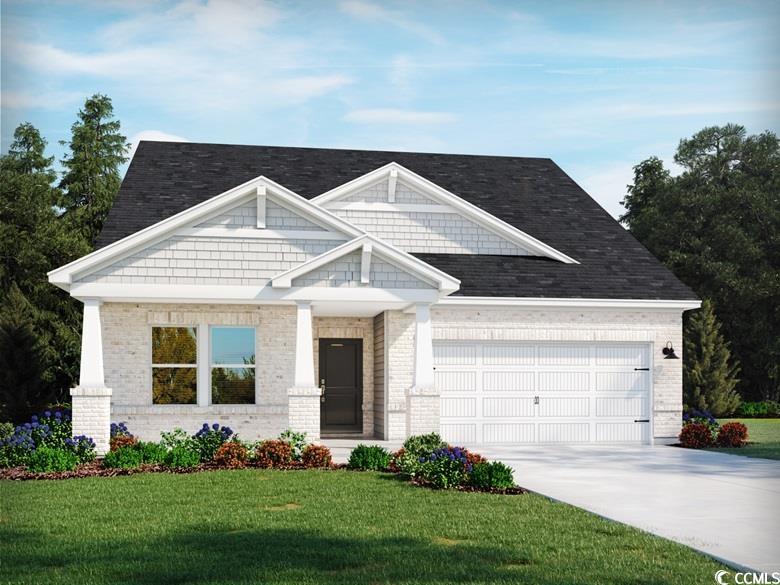 Craftsman inspired home featuring a front yard, brick siding, concrete driveway, and an attached garage
