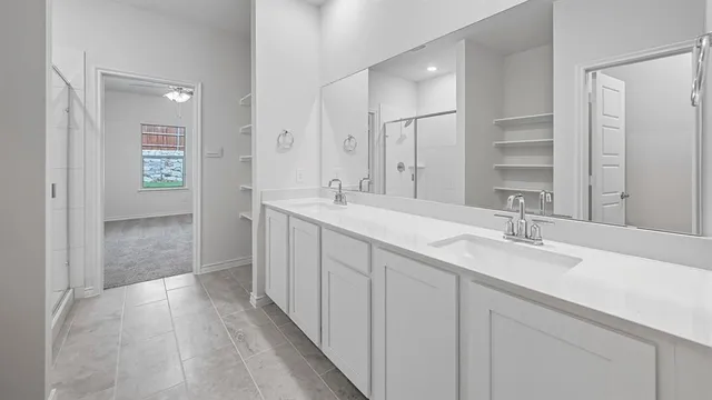 a bathroom with a double vanity sink a mirror and a shower