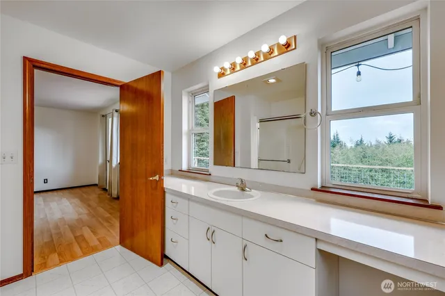 a bathroom with a sink and a large mirror
