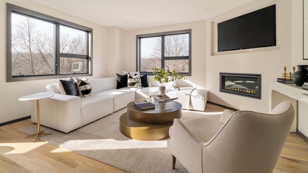 29-31 Highland Road, Unit 29 Brookline, MA 02445 - Photo 13 of 39 a living room with fireplace furniture and a flat screen tv