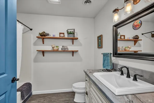 a bathroom with a sink a toilet and a mirror