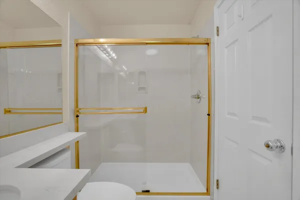 a bathroom with a shower and a toilet