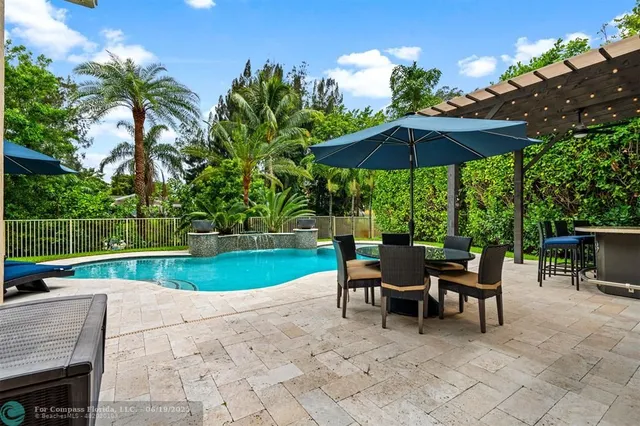 a view of a backyard with swimming pool