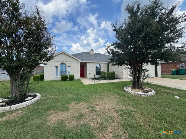 a front view of a house with a yard and tree