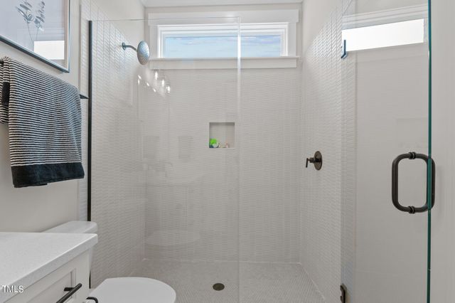a bathroom with a shower and toilet