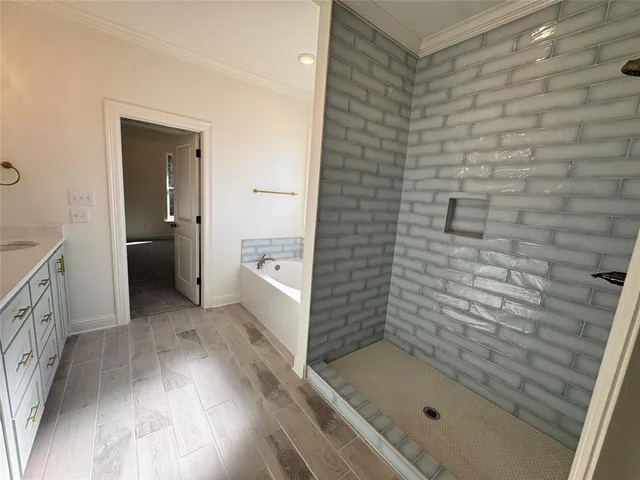 a bathroom with a bathtub and a shower