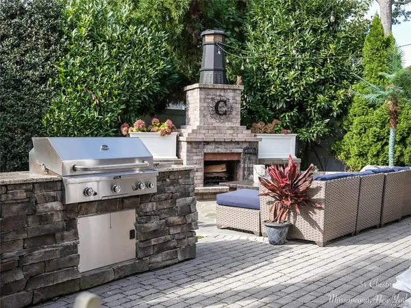 an outdoor space with seating