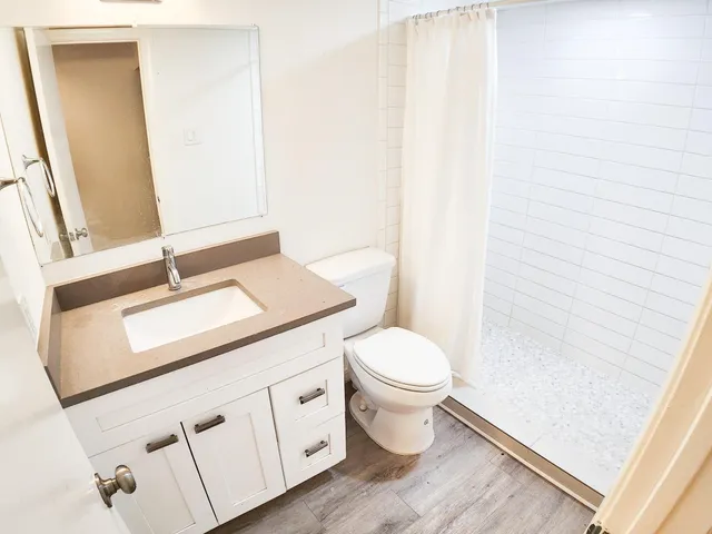 a bathroom with a sink a toilet and mirror