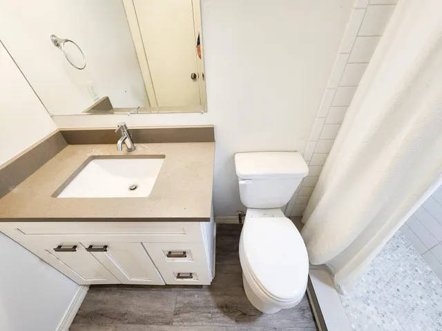 a bathroom with a toilet sink and mirror
