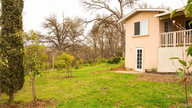 a view of backyard of house with trees