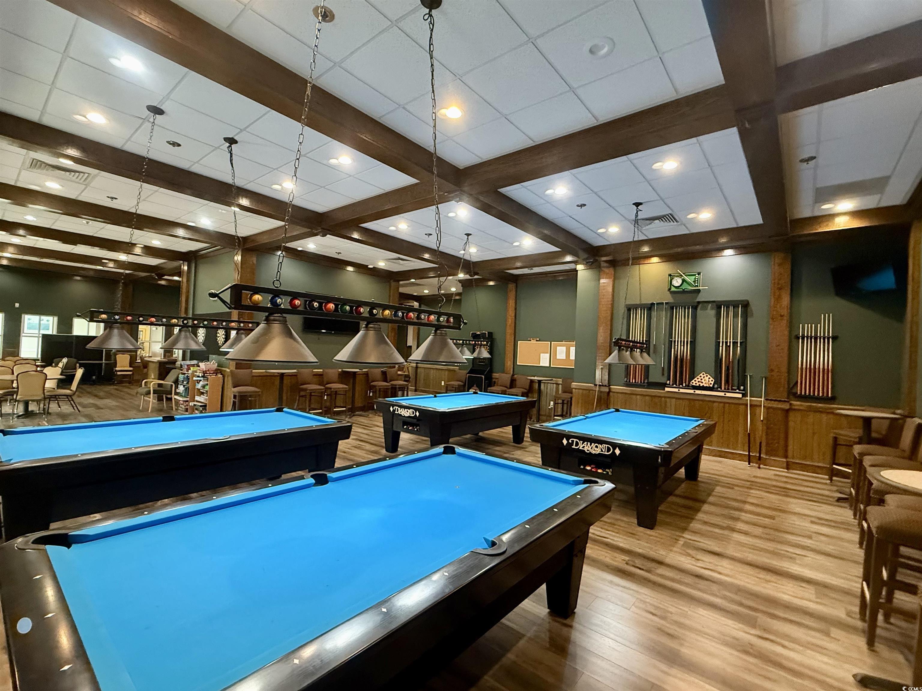 216 Walden Lake Road Conway, SC 29526 - Photo 33 of 40 Playroom with pool table, wood finished floors, a wainscoted wall, a dry bar, and beam ceiling