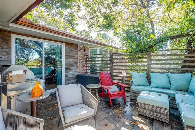 a view of a yard with plants and trees