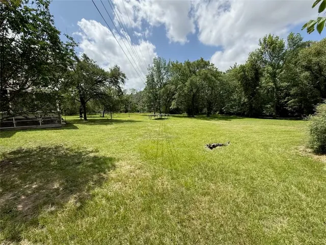 a view of a field with a trees in the background